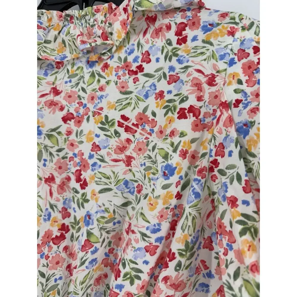 RESET Floral Print Mini Wrap Dress Womens Large White Puff Sleeve Lined - Picture 11 of 13